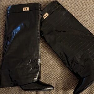 Black Croc-Embossed Knee-High Boots